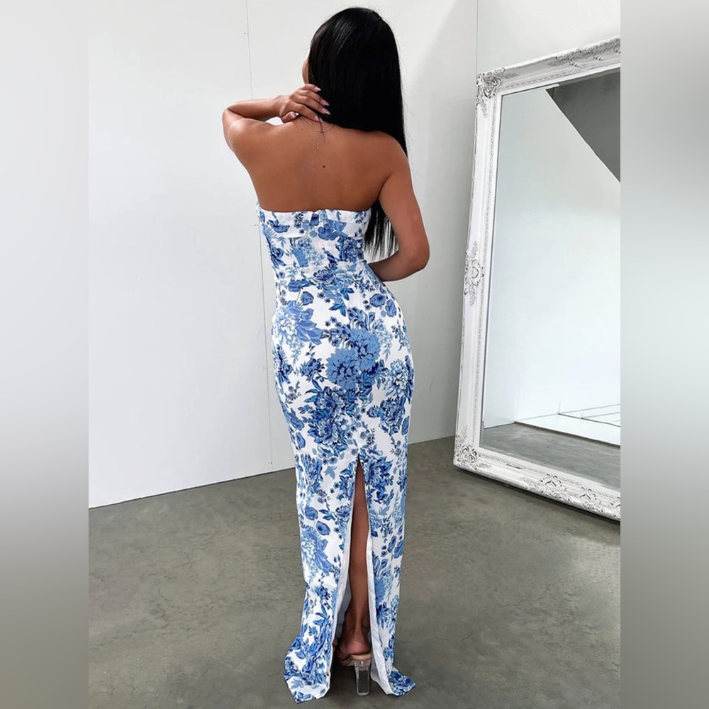 Floral Blue and White Strapless Dress Maxi Commense Medium - Picture 3 of 6